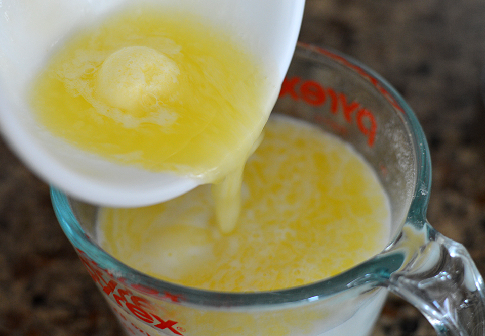 Melted Vegan Margarine and Almond Milk for Fluffy Cornbread {Vegan}