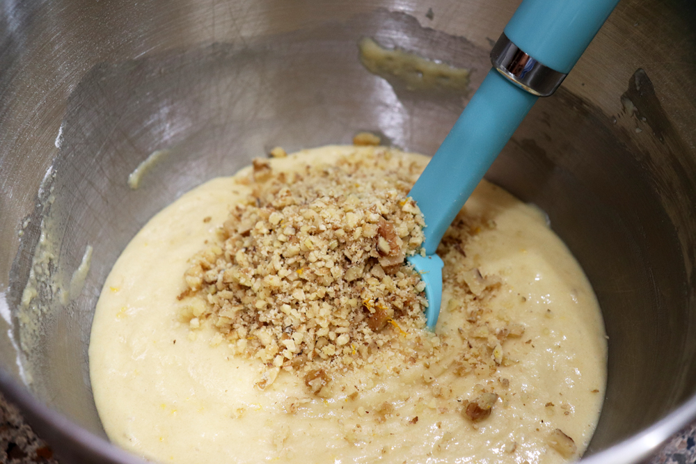 Adding chopped nuts to batter
