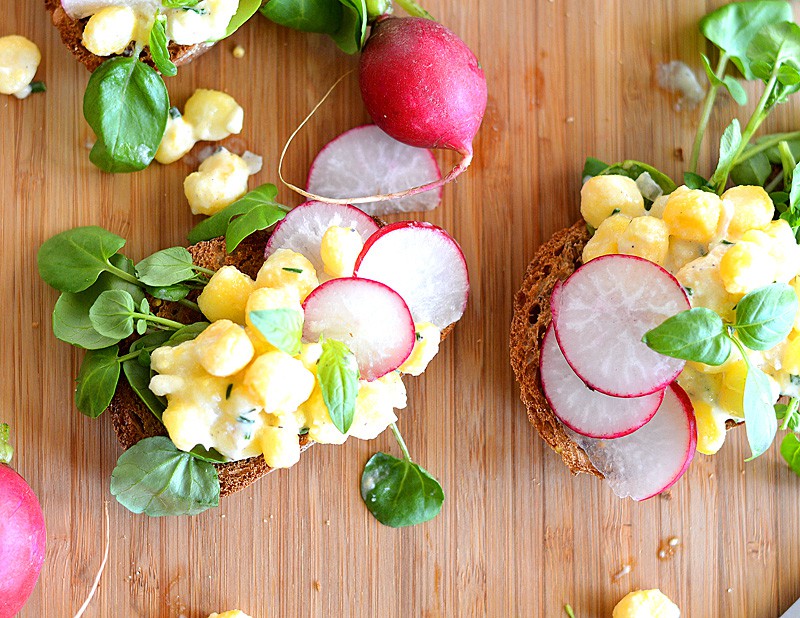 Golden Hominy Salad Tartines