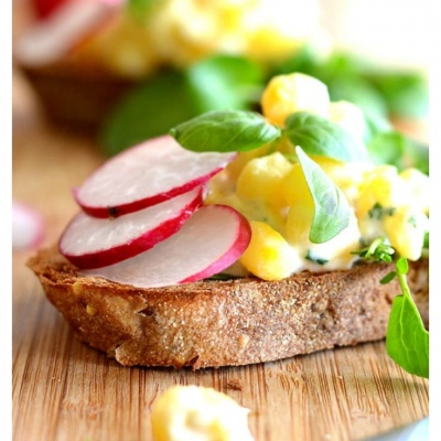 Golden Hominy Salad Tartines