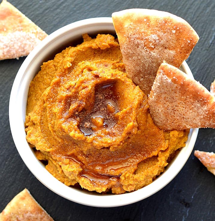 Pumpkin Hummus with Cinnamon Sugared Pita Chips