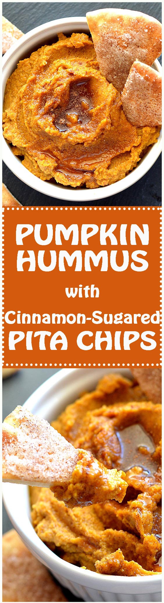 Pumpkin Hummus with Cinnamon Sugared Pita Chips