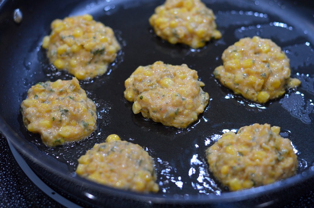 Pan frying the Vegan Corn Fritters