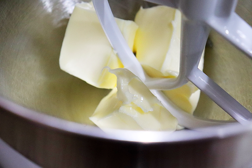Vegan Margarine in the bowl of an electric mixer