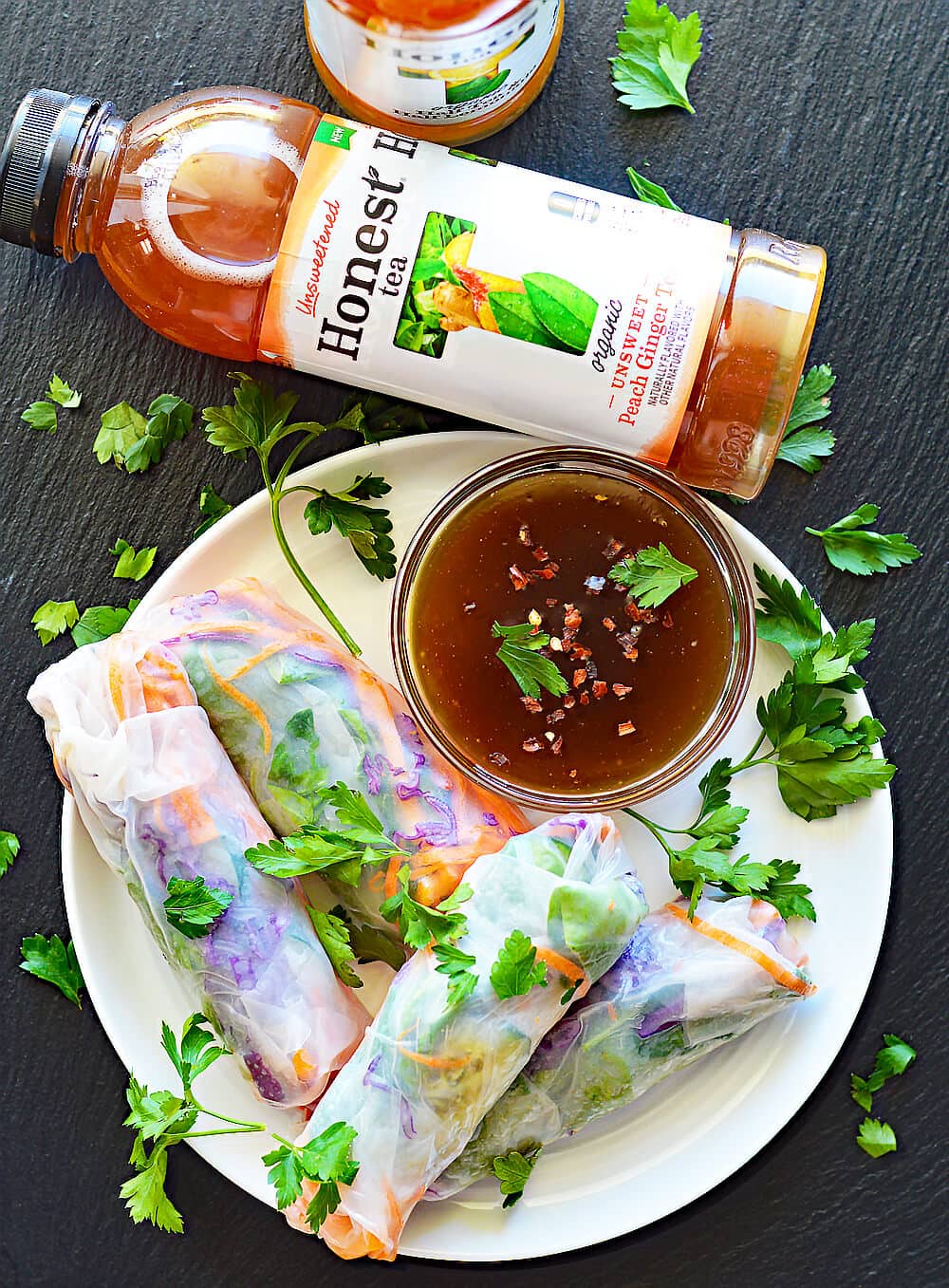 Long Photo of Vegetable Spring Rolls with Peach Ginger Dipping Sauce