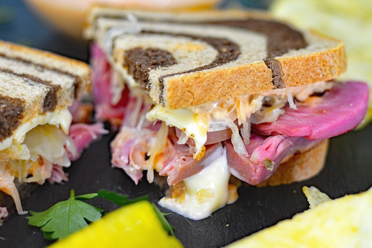 VEGAN Corned Jackfruit Reuben on Rye With Sauerkraut and Swiss