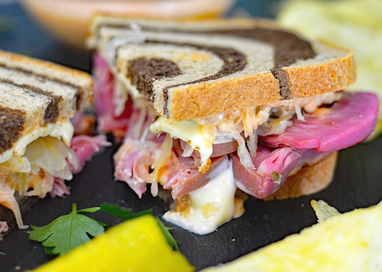 VEGAN Corned Jackfruit Reuben on Rye With Sauerkraut and Swiss TheVegLife