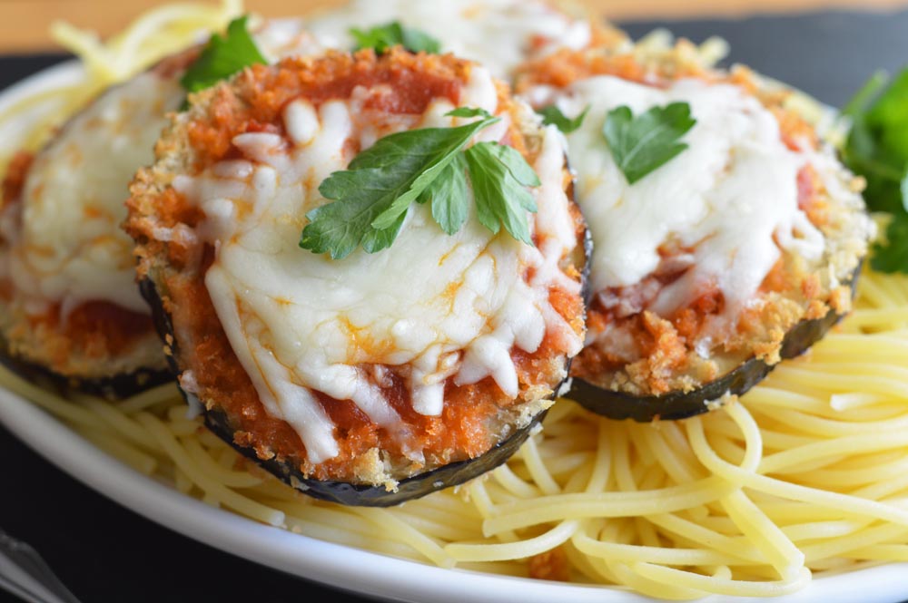 Close Up of Vegan Air Fryer Eggplant Parmesan Recipe