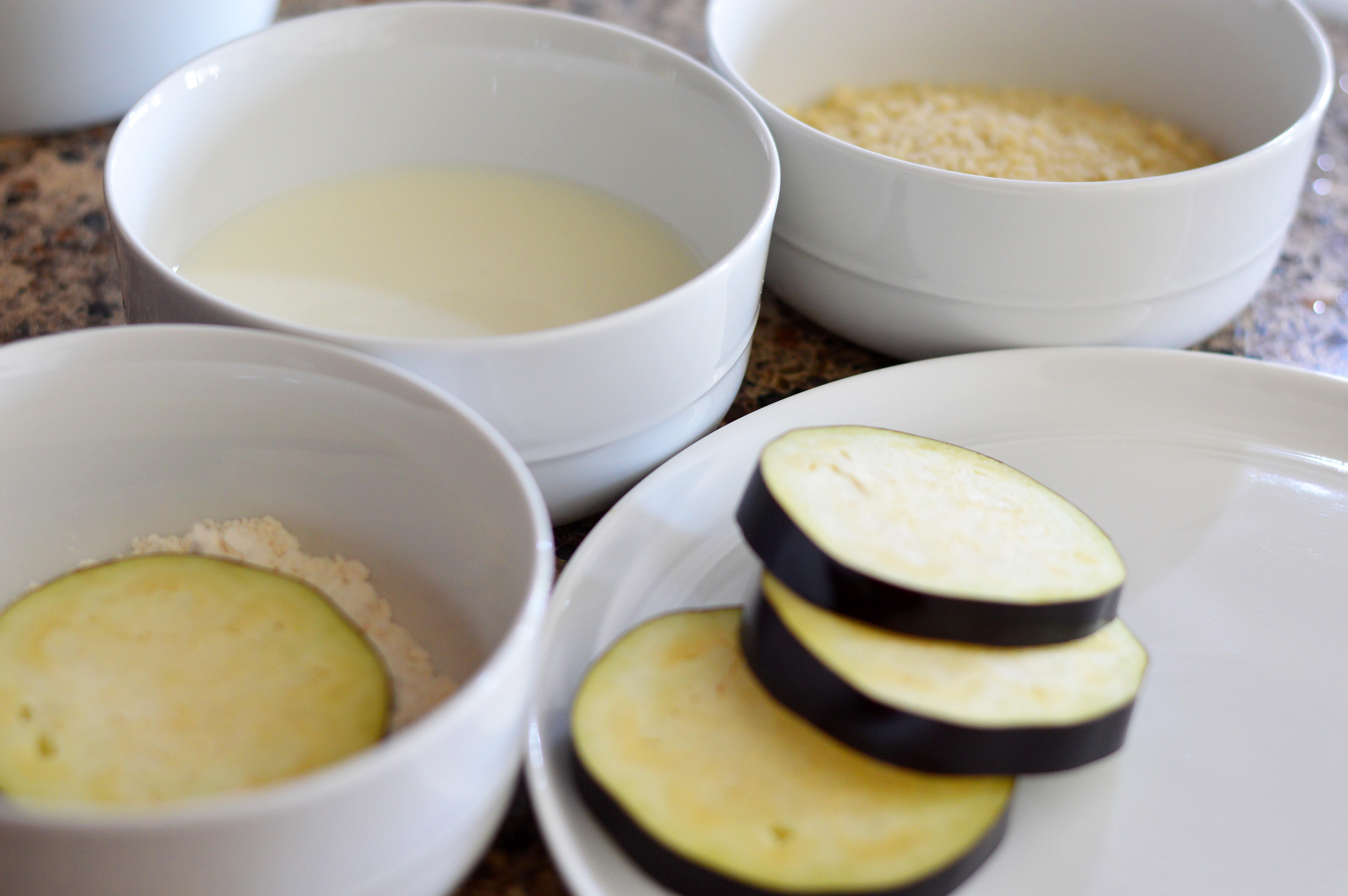 Dredging station for Vegan Air Fryer Eggplant Parmesan Recipe