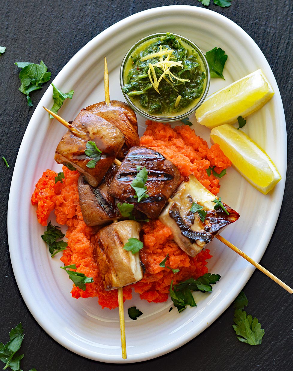 Full overhead shot of grilled portobello skewers