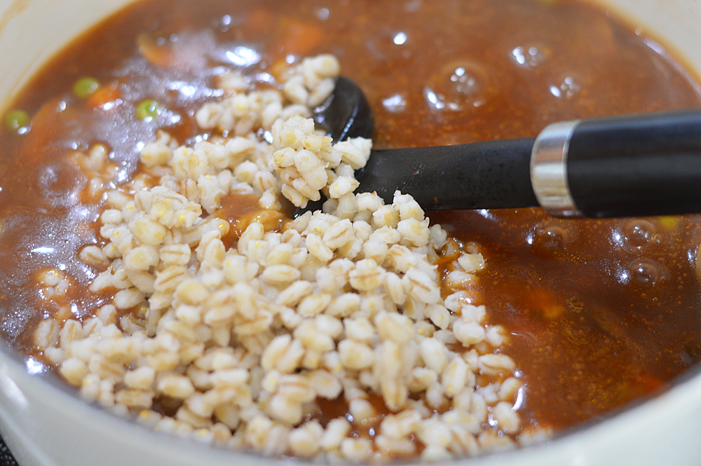 Adding barley to the Vegan Mushroom Barley Soup