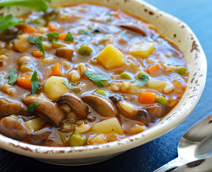 Close up of Vegan Mushroom Barley Soup