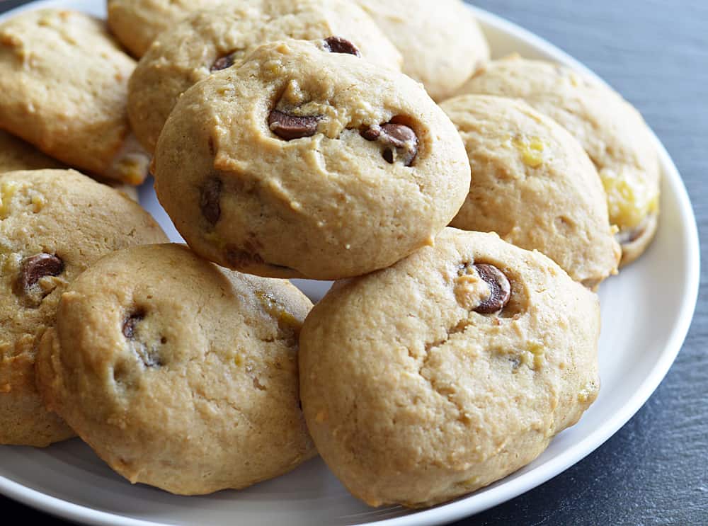 Plate full of Soft Banana Chocolate Chip Cookies