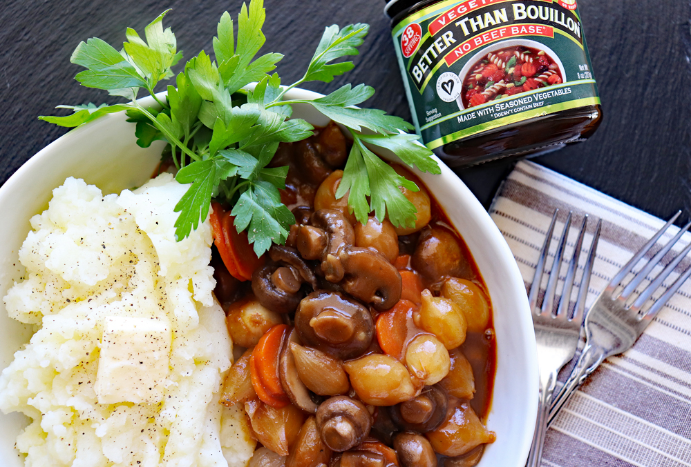 Overhead shot of Vegan Mushroom Bourguignon with No Beef Base