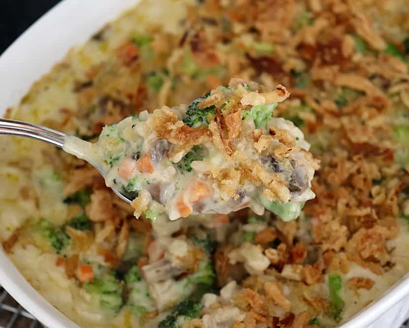 Bite shot of the Creamy Vegan Broccoli Wild Rice Casserole