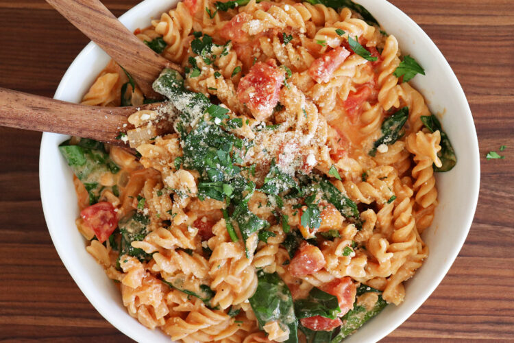 Overhead of Gluten Free Rotini in a Tomato Cream Sauce