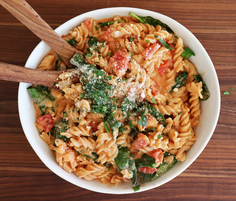 Overhead of Gluten Free Rotini in a Tomato Cream Sauce