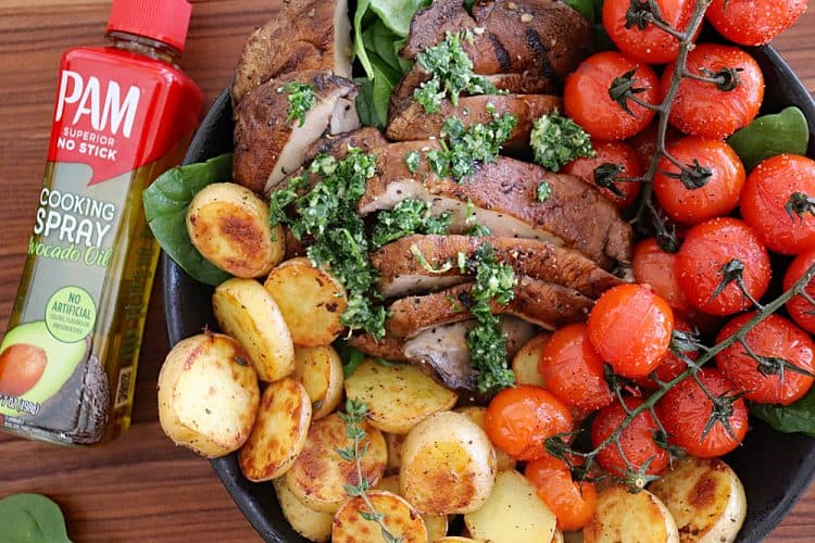 Close up of Portobello "Steak" Gremolata with Melting Potatoes with PAM Spray bottle