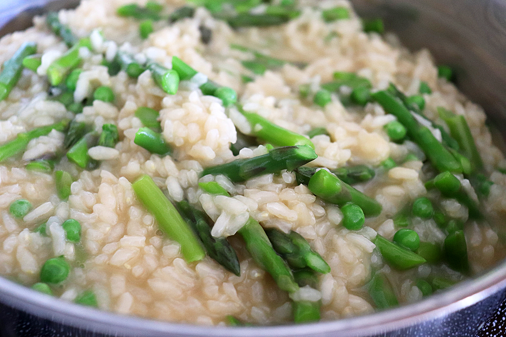 Mixing the rice and asparagus for Spring Pea and Asparagus Risotto