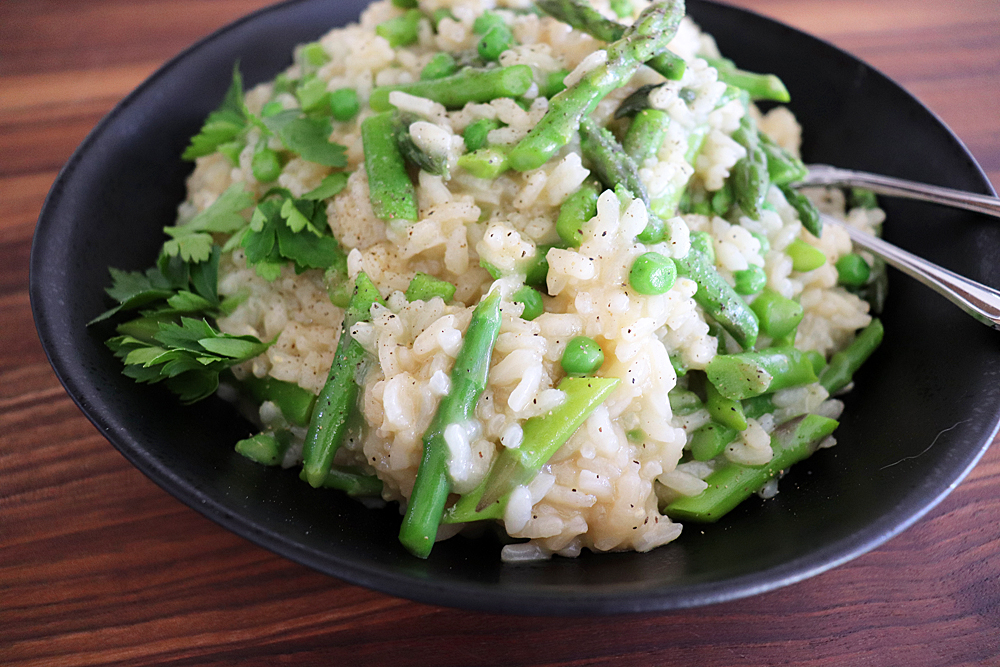 Plated shot of Spring Pea and Asparagus Risotto