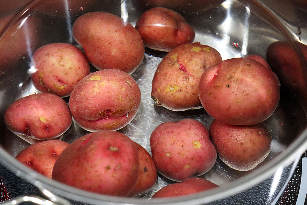 Boiling red potatoes in a large pot of boiling water