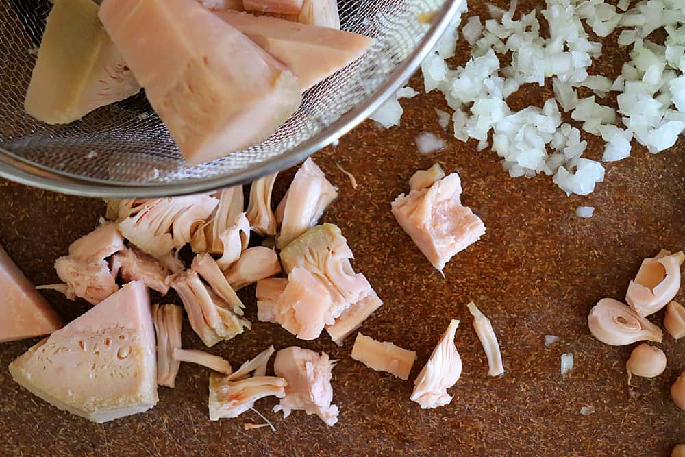 Preparing jackfruit and onions