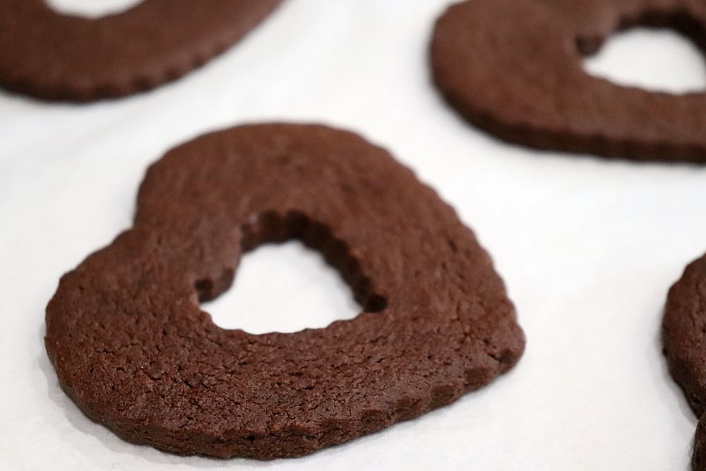 Close up of baked Vegan Chocolate Sugar Cookies before filling