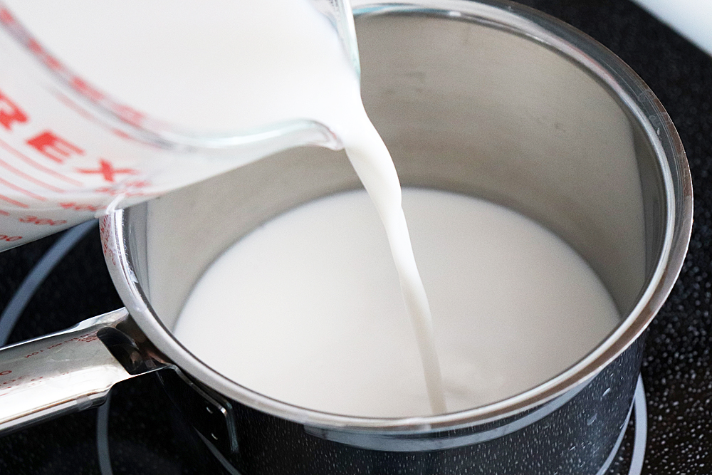 Adding milk to a saute pan