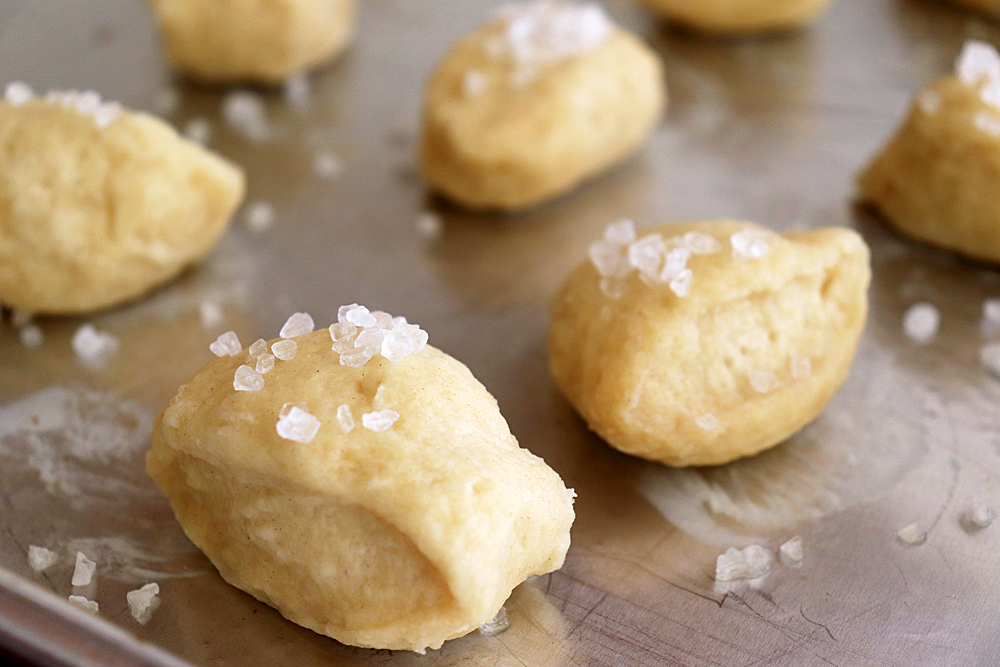 Salted unbaked pretzel bites with salt