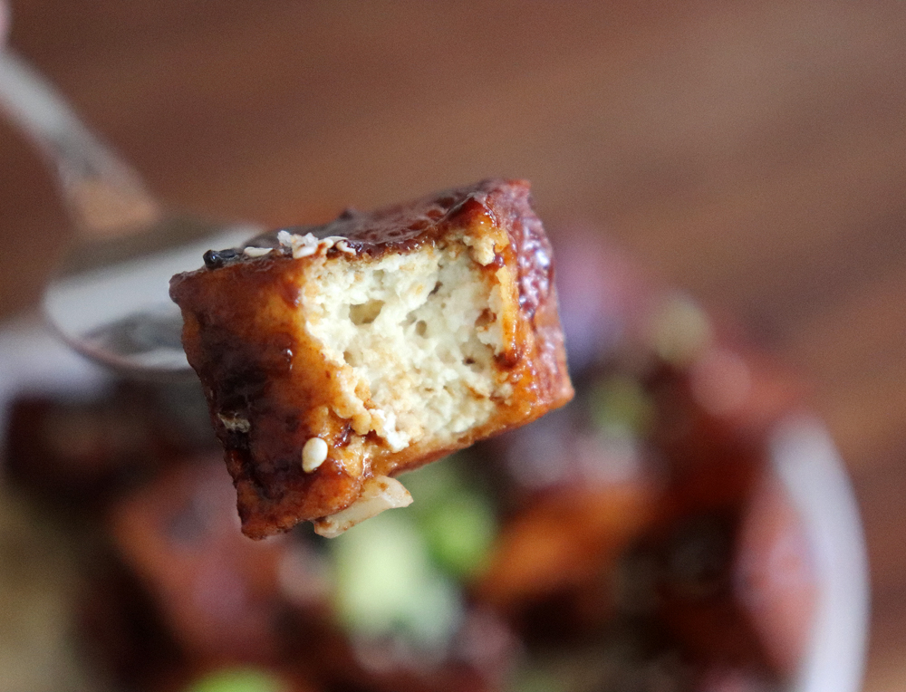 Bite shot of Crispy Hoisin Glazed Tofu with Green Beans