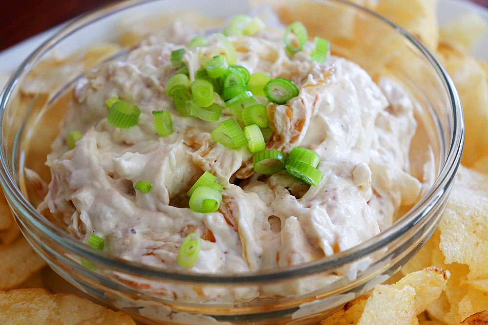 Close up of Vegan Caramelized French Onion Dip