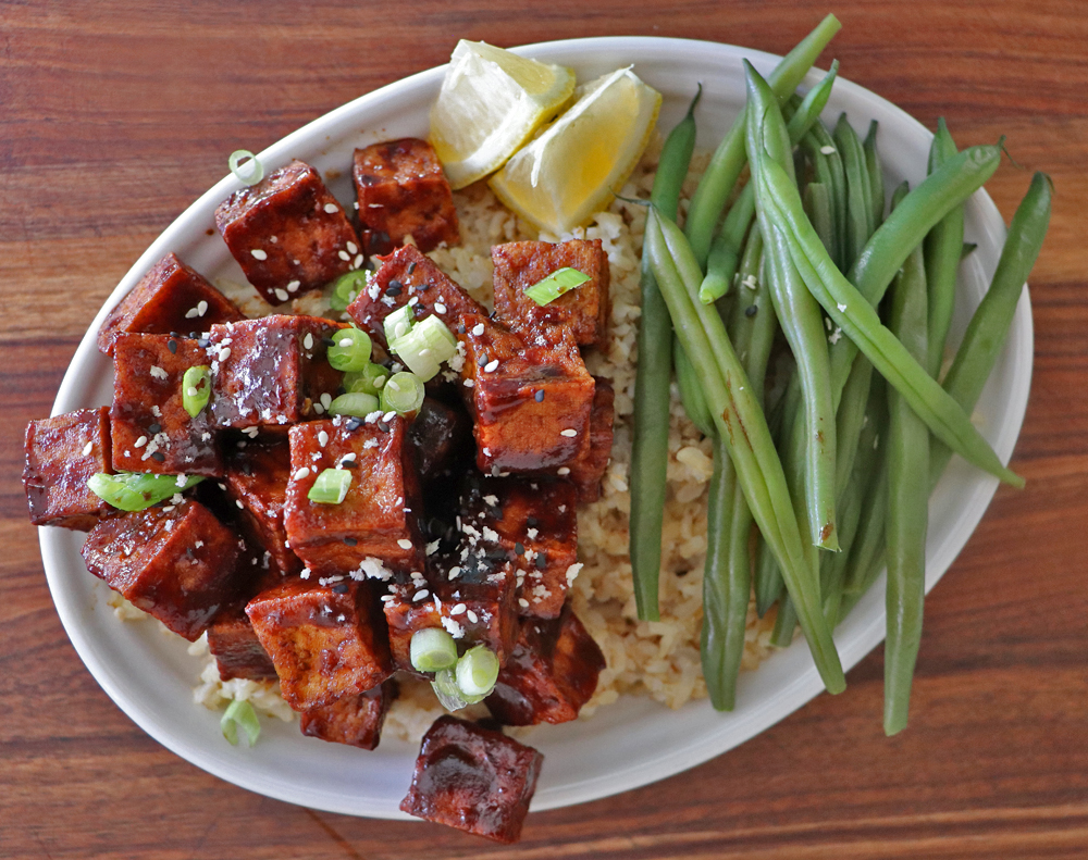 Overhead shot of Crispy Hoisin Glazed Tofu with Green Beans