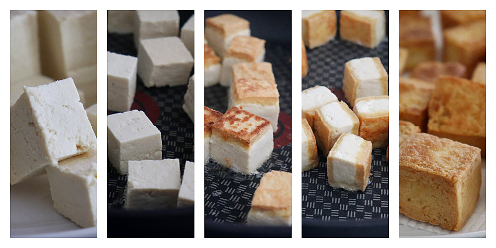 Collage of how to brown the tofu