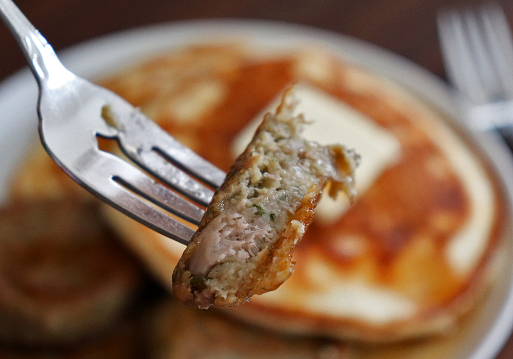 Bite shot of Vegan Jackfruit Breakfast Sausage