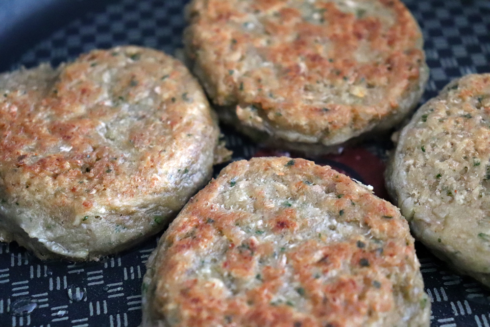 Pan frying the jackfruit sausage patties