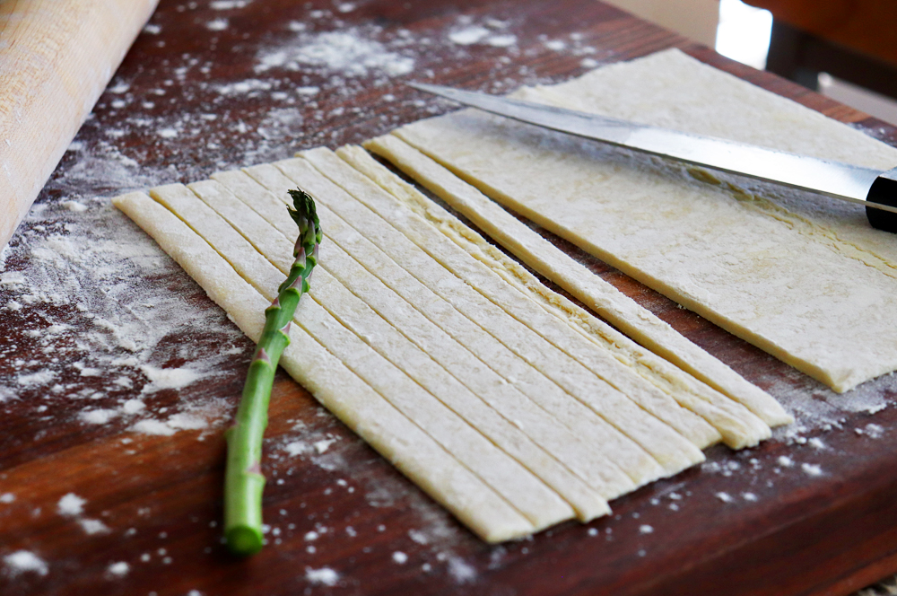 Cutting strips of puff pastry