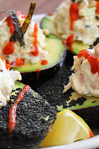 Asian Inspired Chickpea Salad Stuffed Avocados