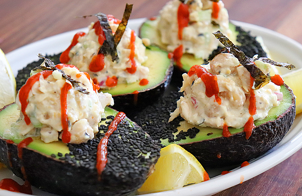 Asian Inspired Chickpea Salad Stuffed Avocados 