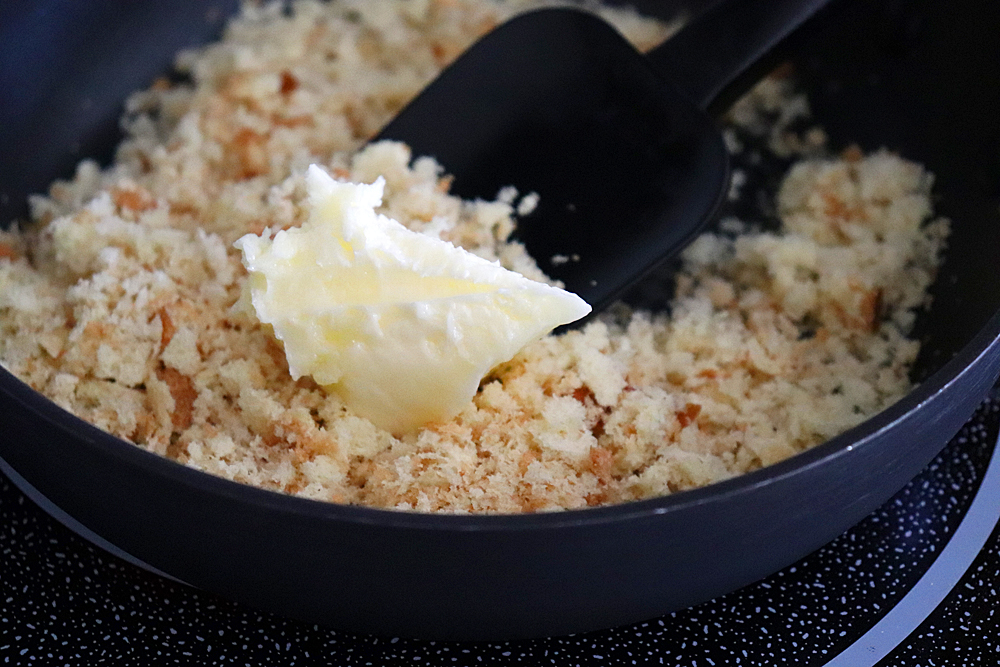 Pan with butter and bread crumbs