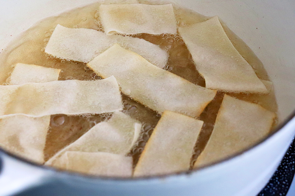 Deep frying the wonton strips