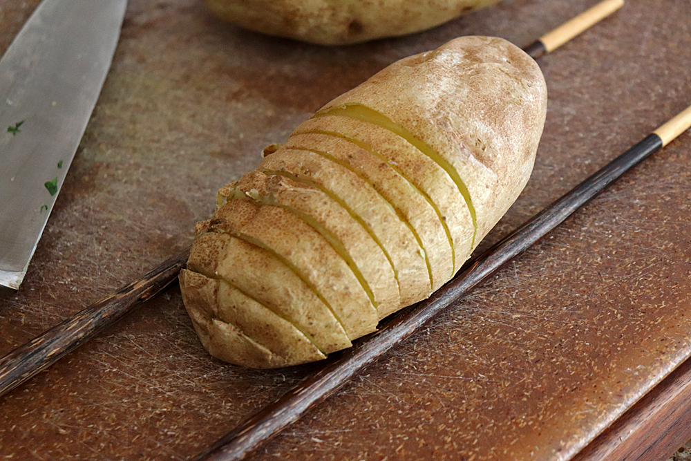 Microwave then slice the potatoes