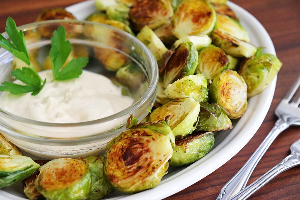 Plated Roasted Brussels Sprouts with Lemon Aioli