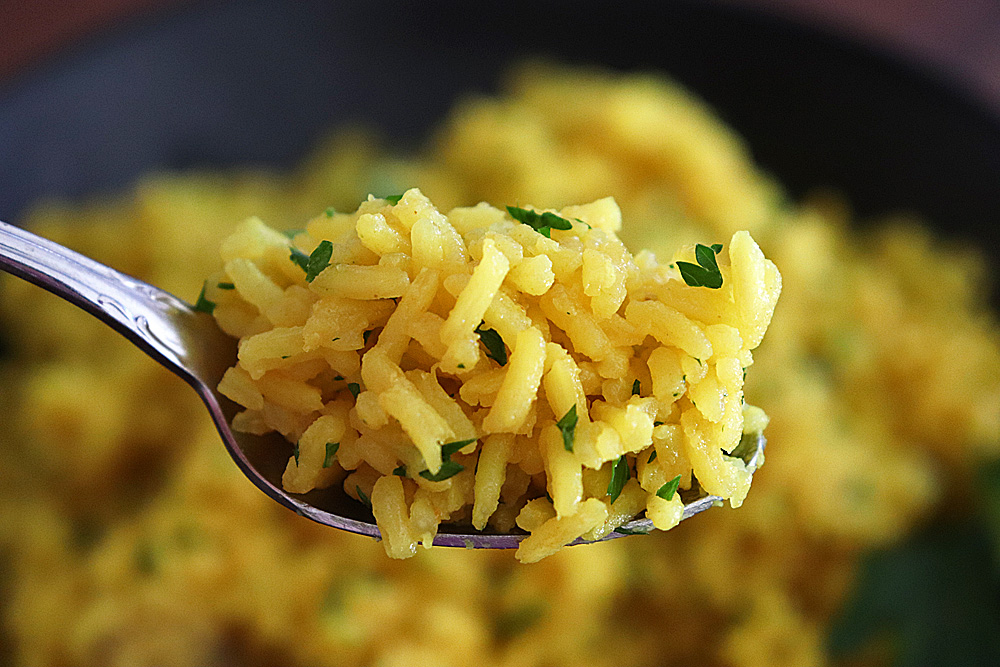 Bite shot for Easy Turmeric Rice Recipe