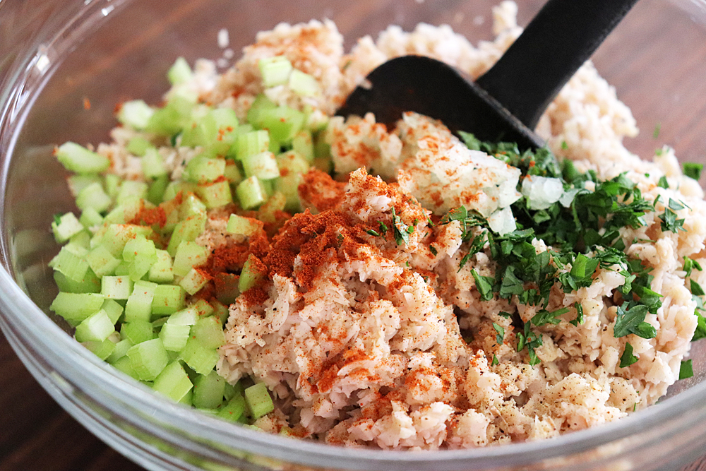 Bowl of ingredients for Easy Vegan Jackfruit Toona Salad