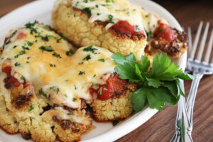 Plated Easy Baked Cauliflower Parmesan Recipe