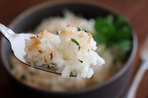 Bite shot of Easy Coconut Jasmine Rice Recipe