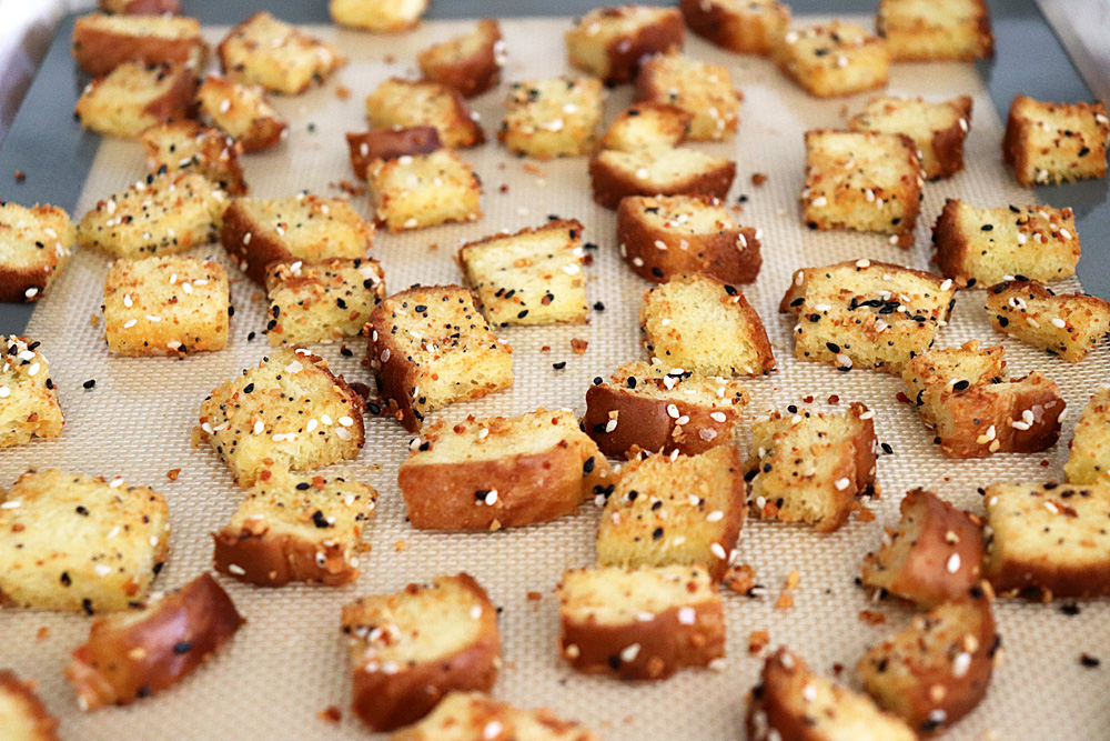 Sheet pan of Easy Everything Bagel Croutons